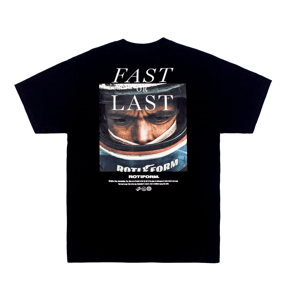 Black Rotiform FAST OR LAST short sleeve tee featuring a large graphic design on the back, showcasing a stylized logo and unique artwork.