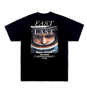 Black Rotiform FAST OR LAST short sleeve tee featuring a large graphic design on the back, showcasing a stylized logo and unique artwork.