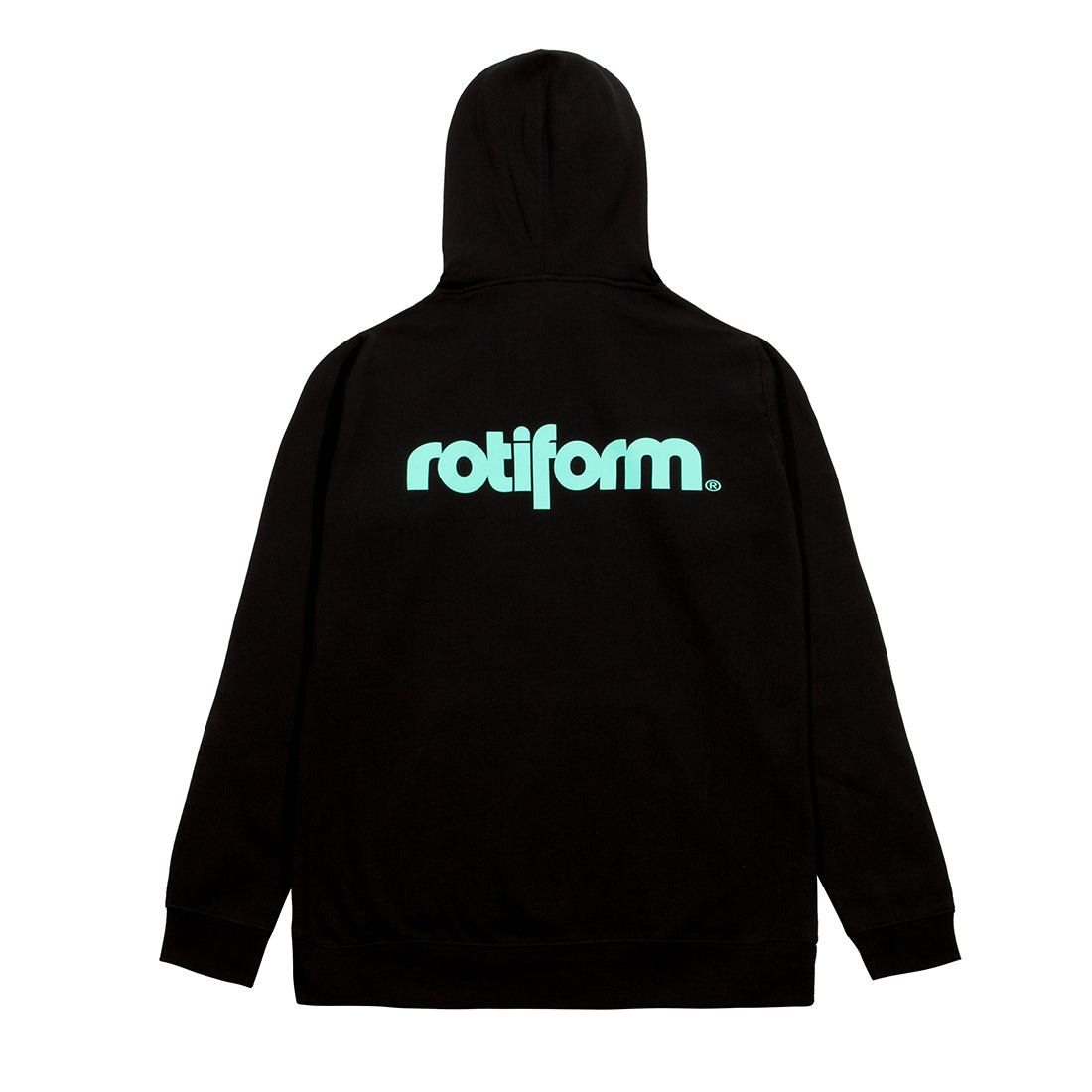 Black Rotiform STAPLE Hoodie featuring a teal logo on the back.