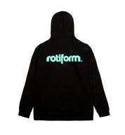 Black Rotiform STAPLE Hoodie featuring a teal logo on the back.