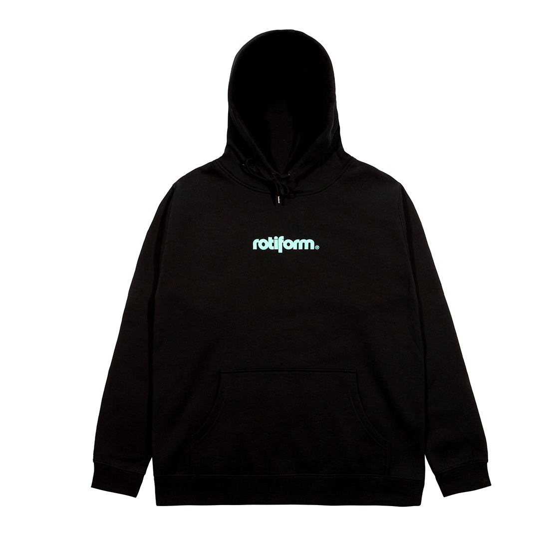 Rotiform STAPLE Hoodie in black with teal logo, featuring a front view showcasing its pullover design and hood.