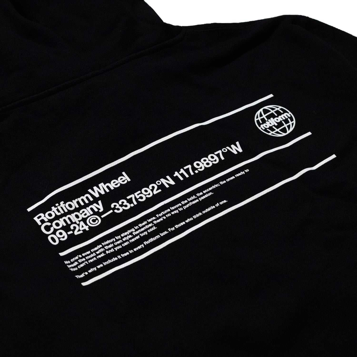 Rotiform "YOU CAN'T BUY COOL" pullover hoodie in black with white text design.