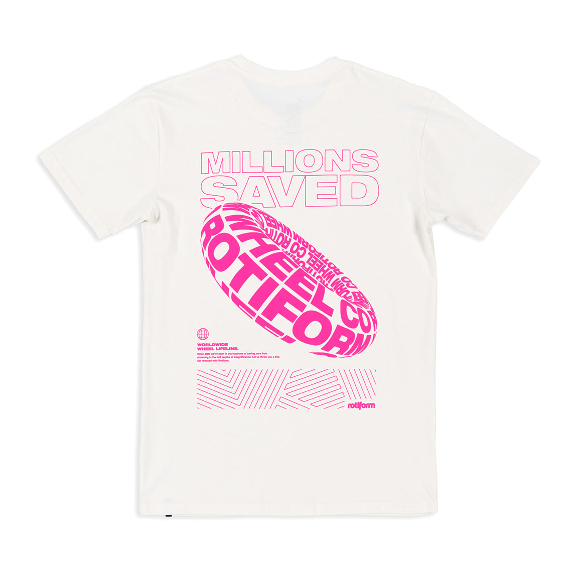 Rotiform MILLIONS SAVED Short Sleeve Tee featuring a bold graphic design in vibrant colors on a black background.