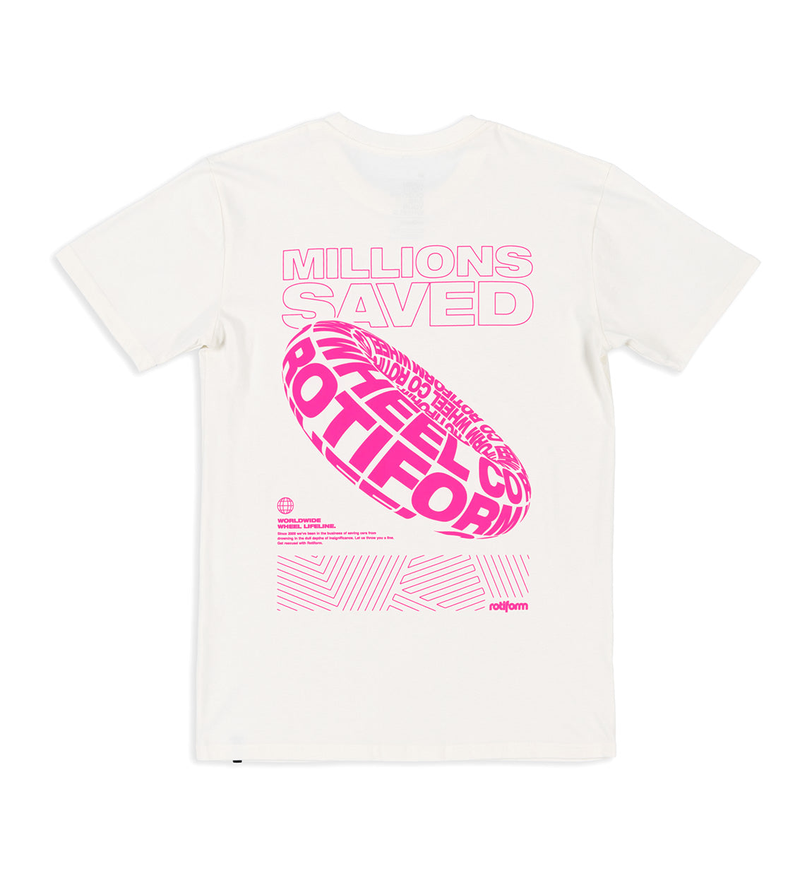 Rotiform MILLIONS SAVED Short Sleeve Tee featuring a bold graphic design in vibrant colors on a black background.