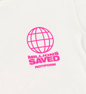 Rotiform MILLIONS SAVED Short Sleeve Tee featuring a bold graphic design on a black fabric, ideal for casual wear.