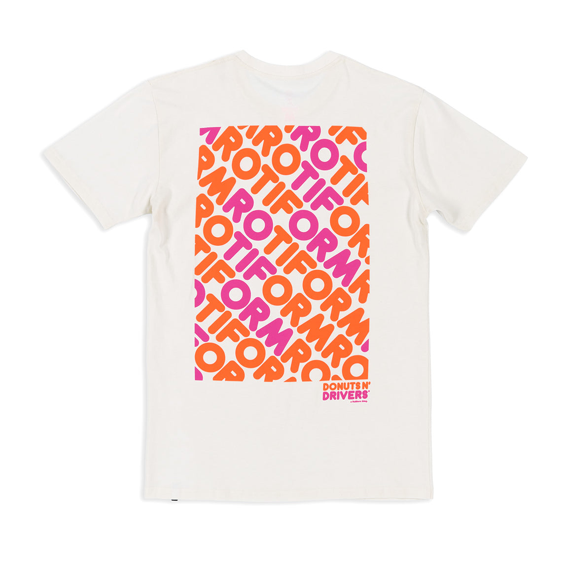 Rotiform DONUTS N DRIVERS Short Sleeve Tee featuring a graphic design of donuts and a car, in a casual fit with a round neck, displayed on a plain background.