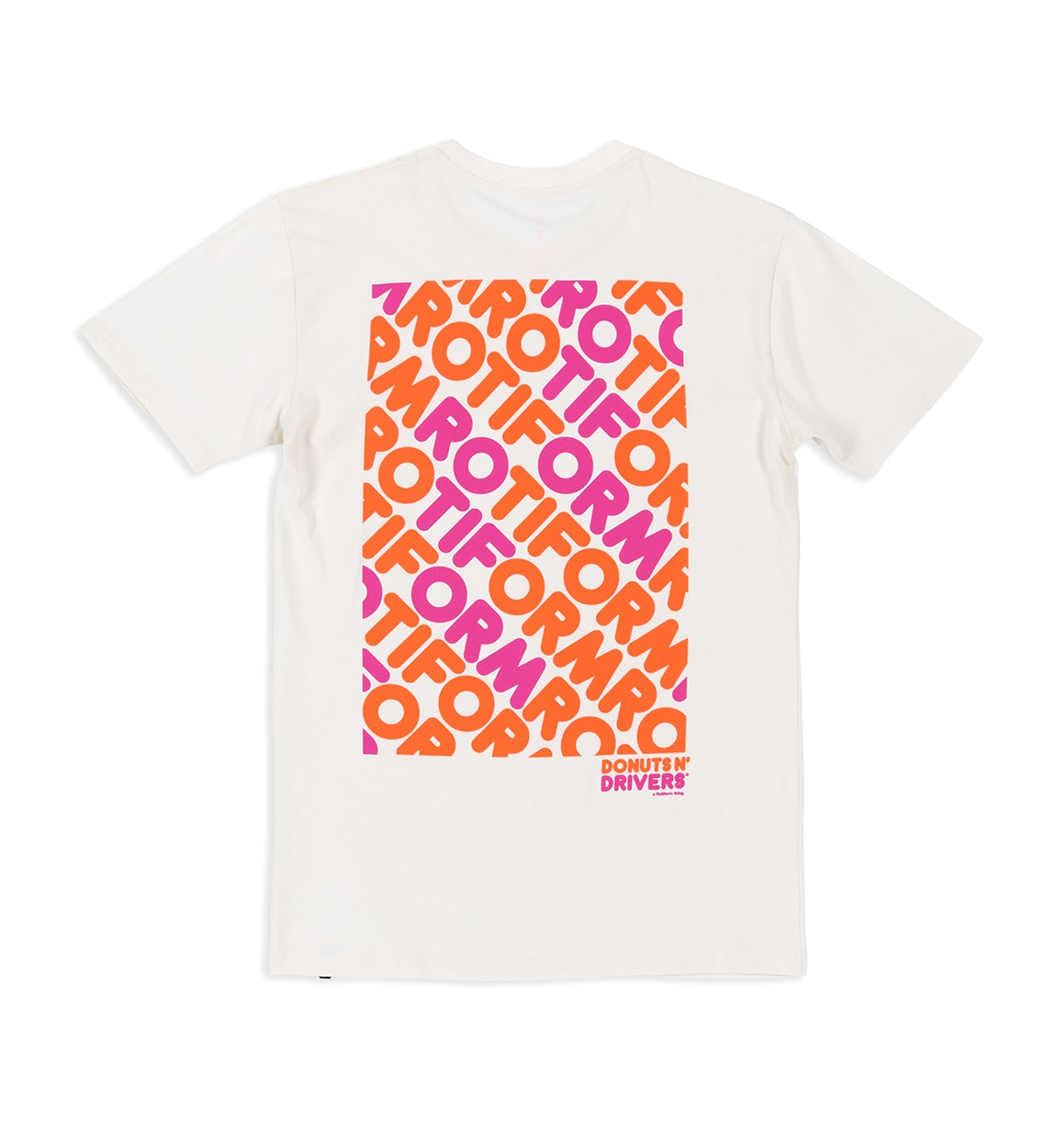 Rotiform DONUTS N DRIVERS Short Sleeve Tee featuring a graphic design of donuts and a car, in a casual fit with a round neck, displayed on a plain background.