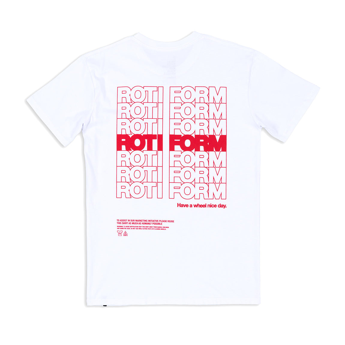 Black short sleeve tee featuring "HAVE A NICE DAY" graphic in vibrant colors by Rotiform.