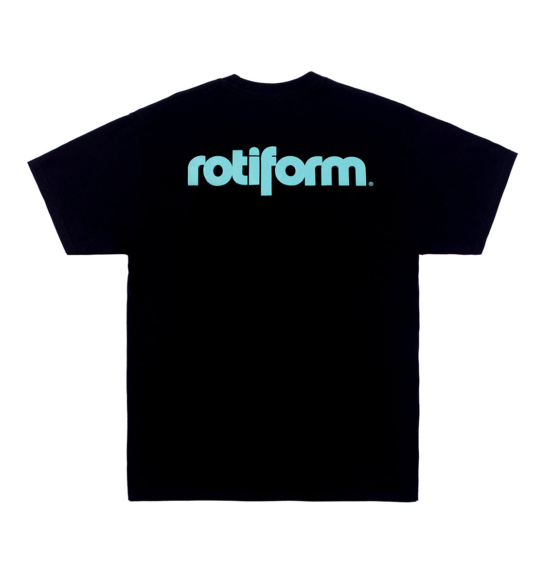 Rotiform STAPLE short sleeve tee in black featuring a teal Rotiform logo on the back.