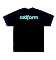 Rotiform STAPLE short sleeve tee in black featuring a teal Rotiform logo on the back.