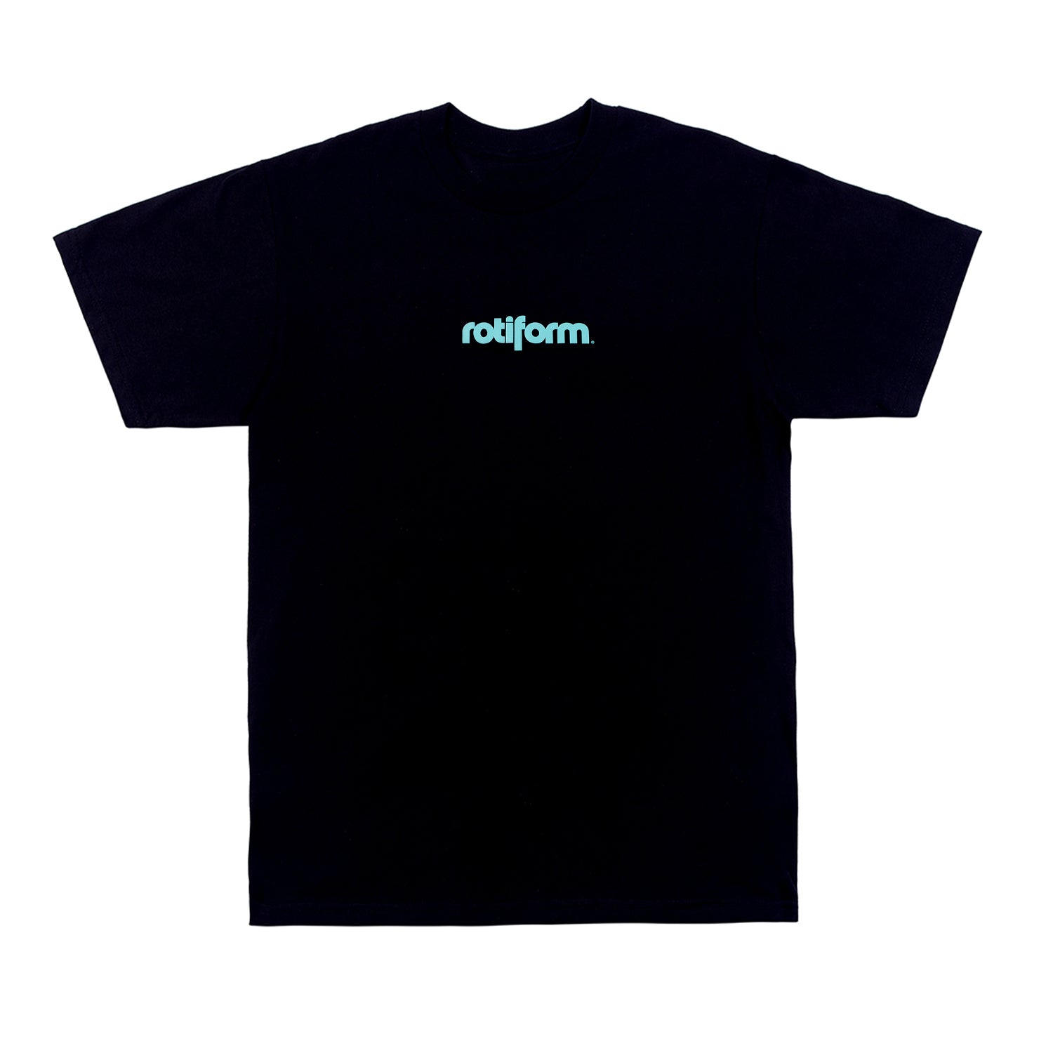 Black short sleeve tee featuring the Rotiform logo in teal, designed for casual wear.