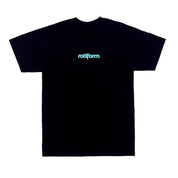 Black short sleeve tee featuring the Rotiform logo in teal, designed for casual wear.