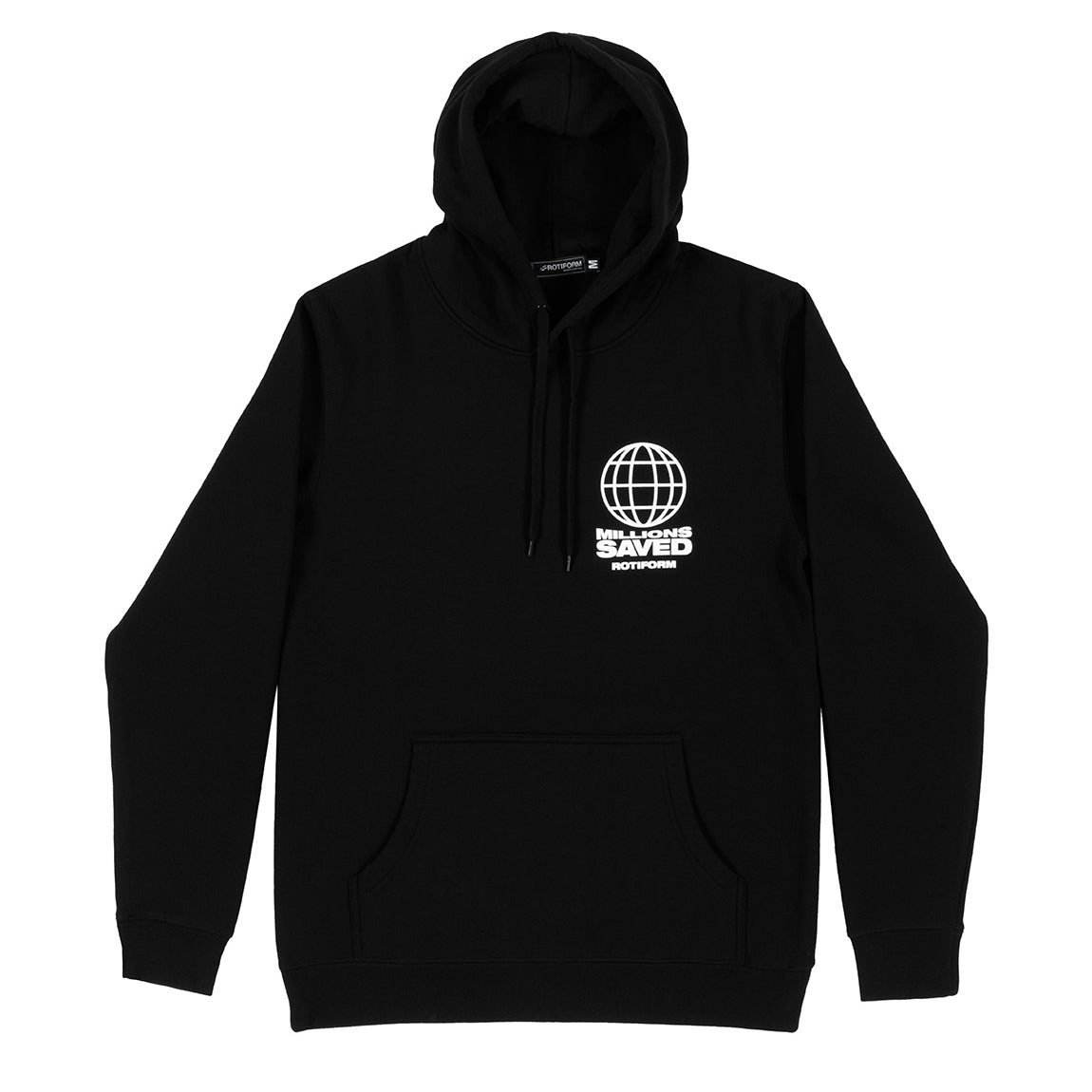 Black hoodie featuring "MILLIONS SAVED" graphic in white lettering by Rotiform.