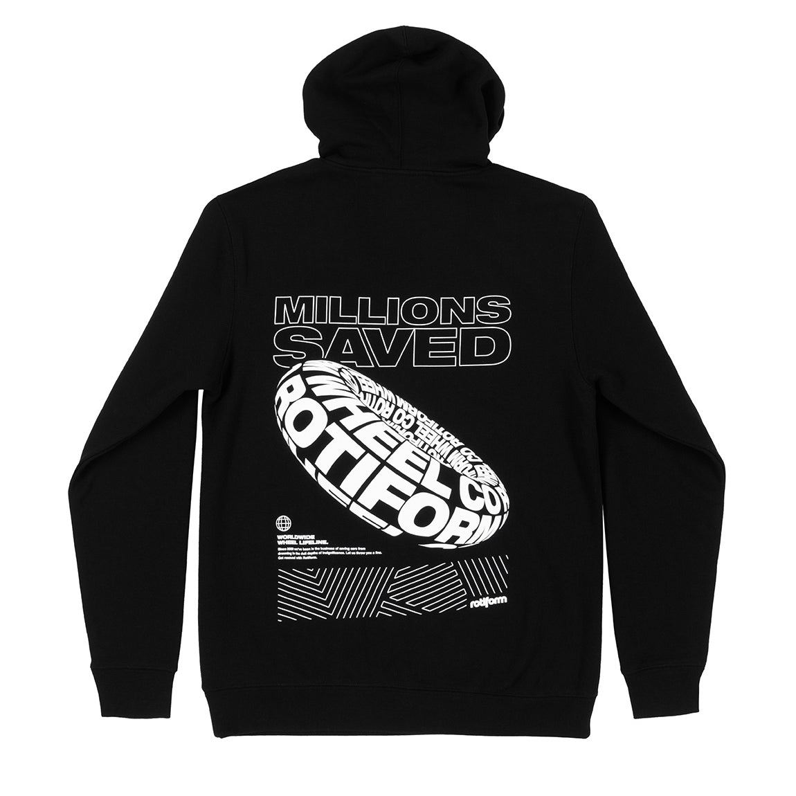 Black Rotiform MILLIONS SAVED hoodie featuring bold white graphic text on the front.