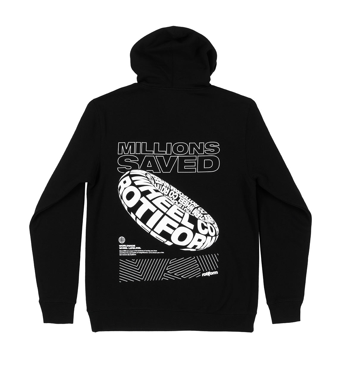 Black Rotiform MILLIONS SAVED hoodie featuring bold white graphic text on the front.