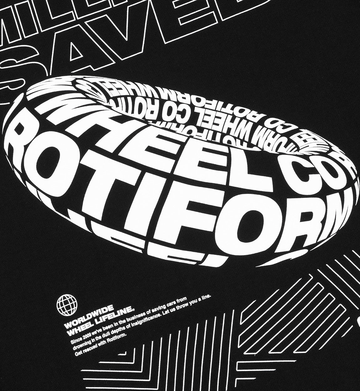 Black Rotiform MILLIONS SAVED hoodie featuring a logo graphic on the front.