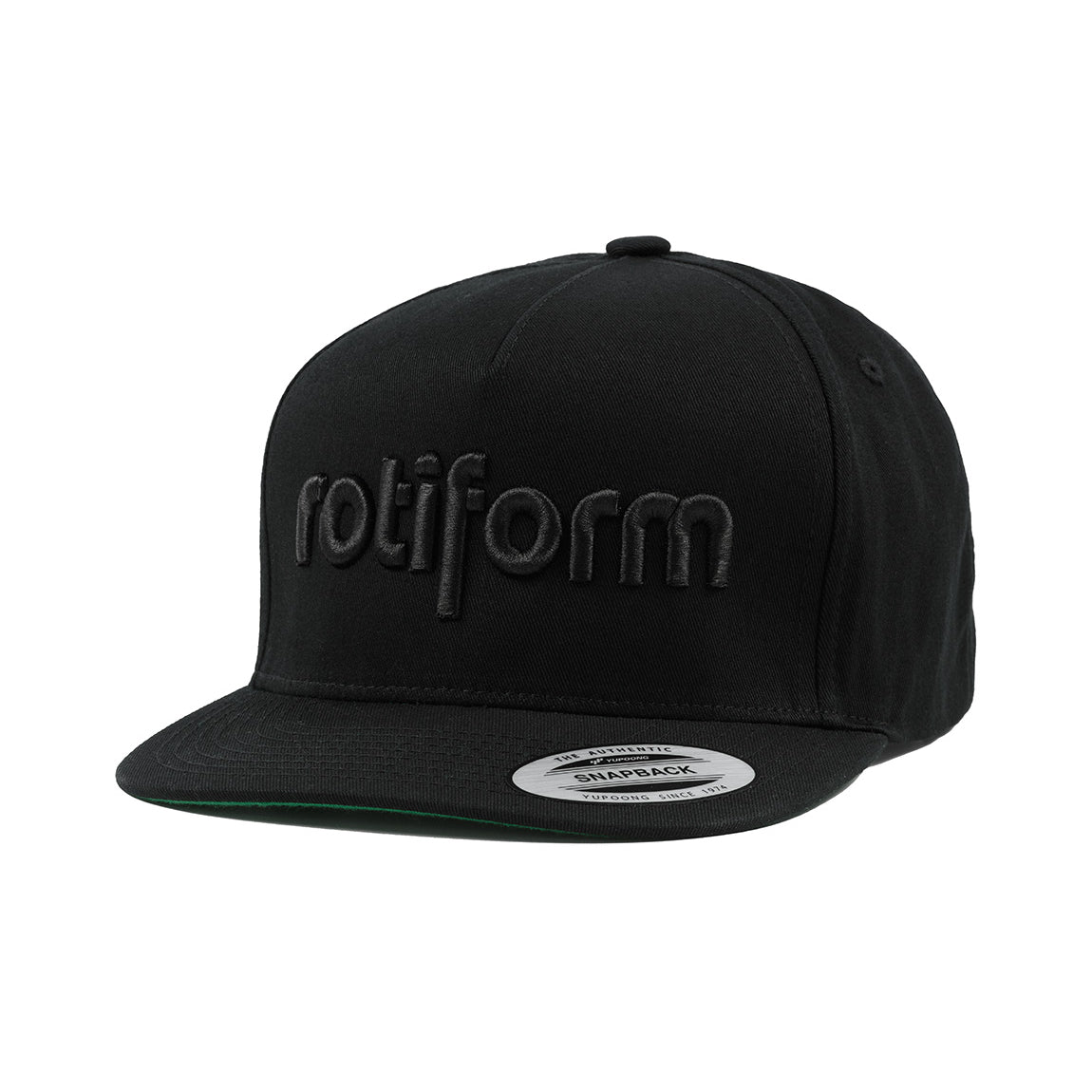 Rotiform STAPLE black snapback hat with stylish logo embroidery on the front.
