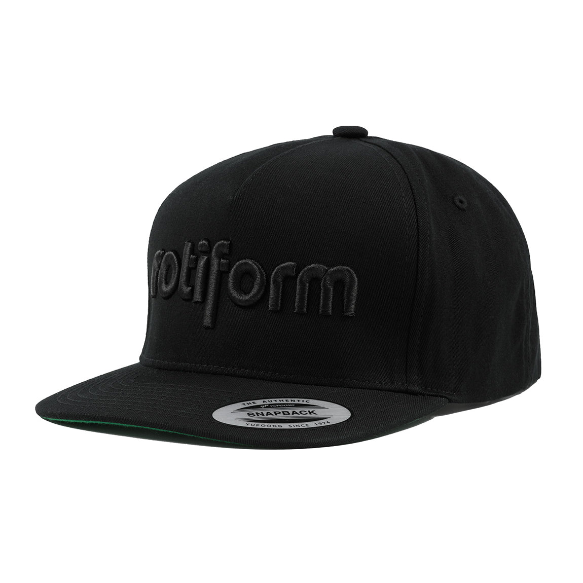 Rotiform STAPLE Snapback Hat in black with a flat brim and embroidered logo on the front.