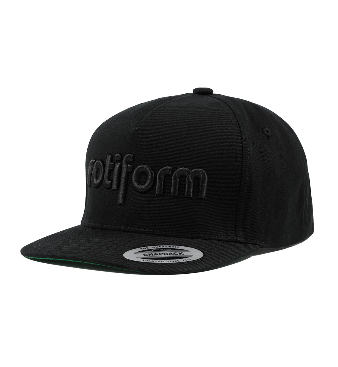 Rotiform STAPLE Snapback Hat in black with a flat brim and embroidered logo on the front.