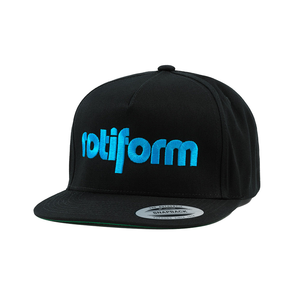 Rotiform STAPLE Snapback Hat in black with blue logo, featuring a structured design and flat brim.