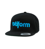 Rotiform STAPLE Snapback Hat in black with blue logo, featuring a structured design and flat brim.