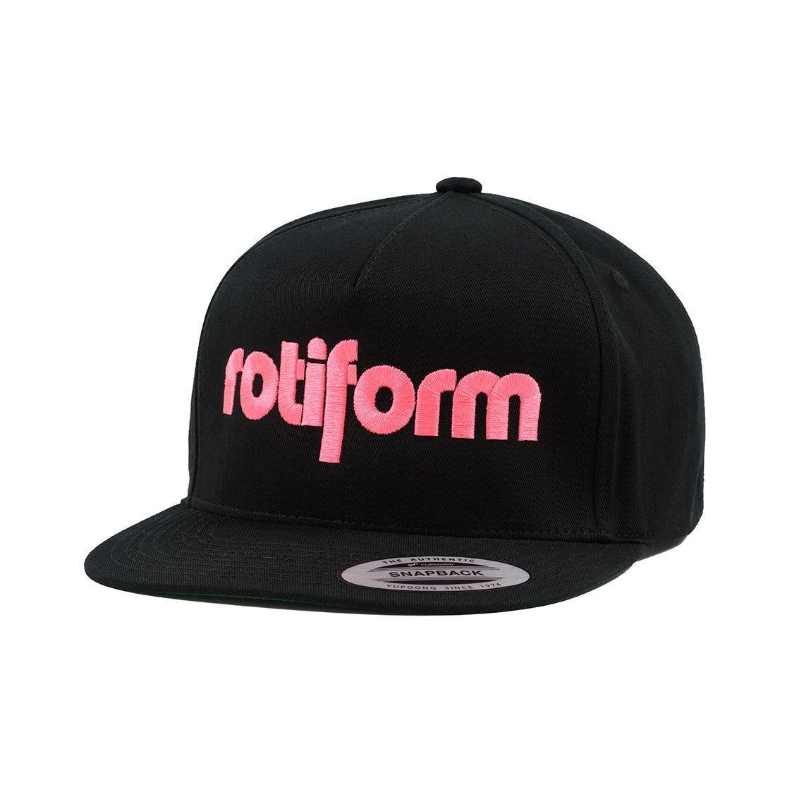 Rotiform STAPLE Snapback Hat in black and red, featuring a classic flat brim and embroidered logo on the front.
