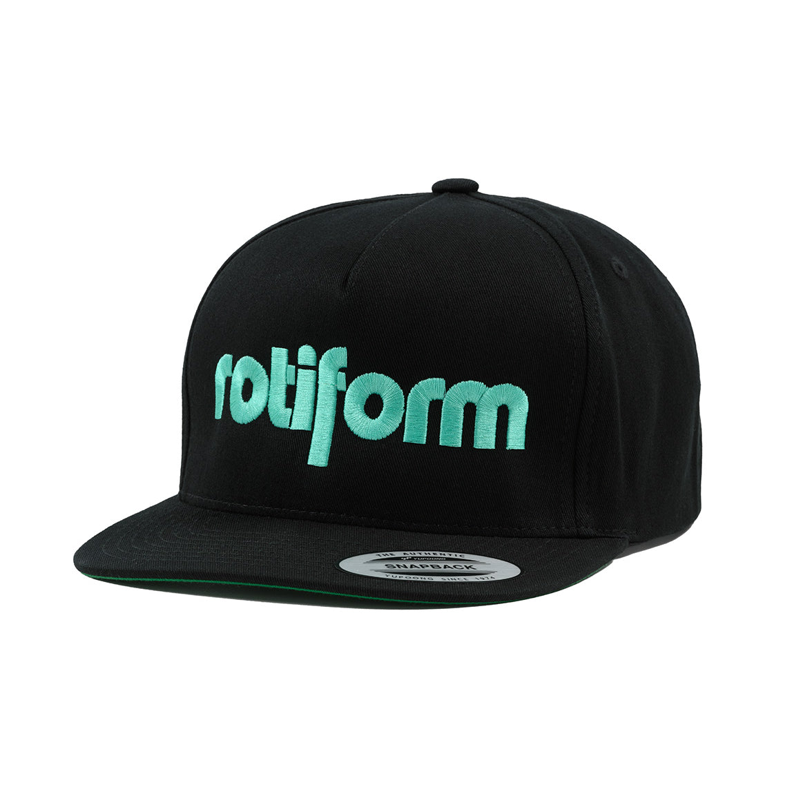 Rotiform STAPLE Snapback Hat in black with a bold white logo on the front, featuring a flat brim and adjustable strap at the back.