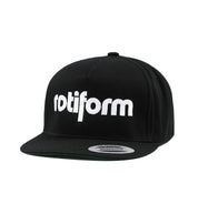 Rotiform STAPLE Snapback Hat in black and white featuring an embroidered logo on the front.