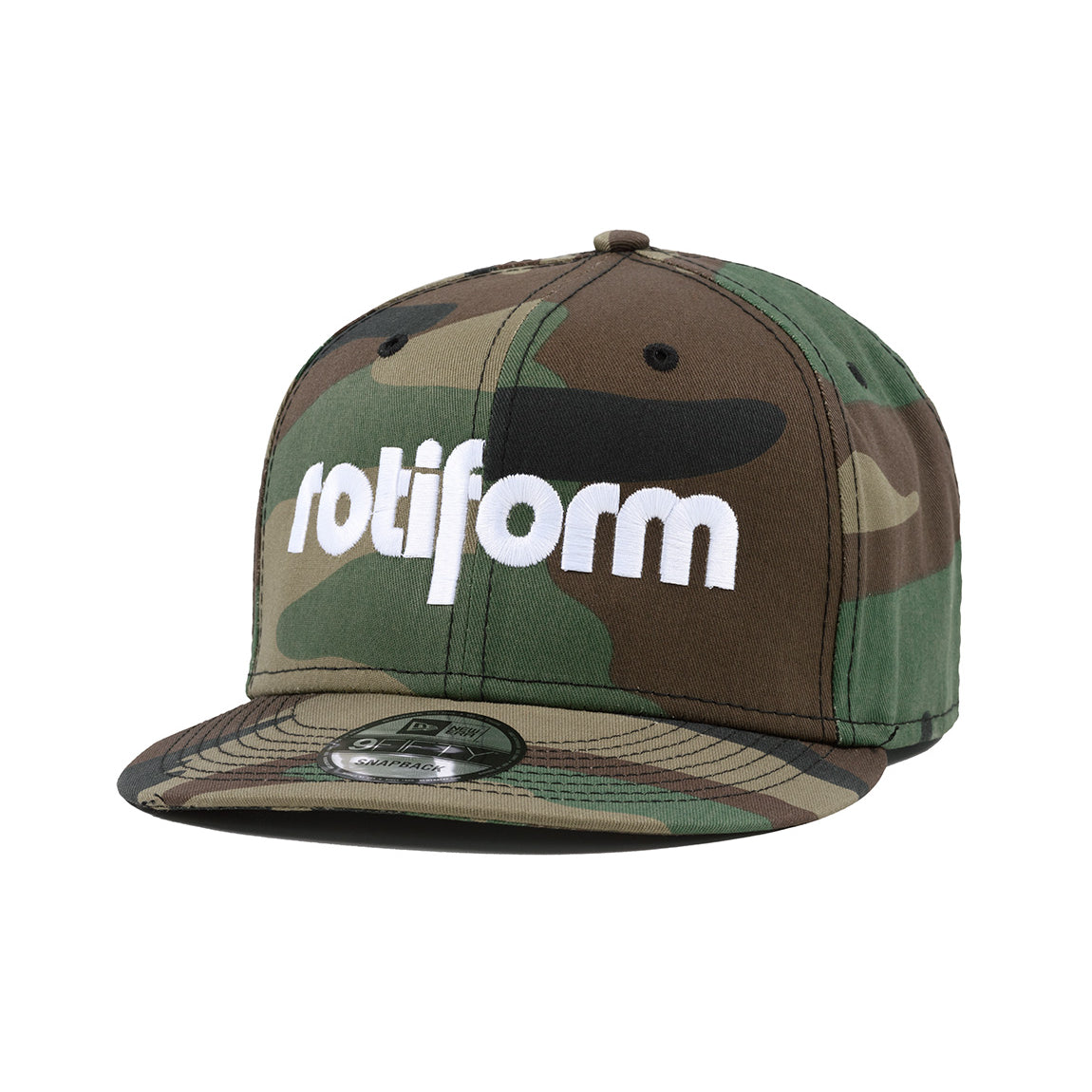 Rotiform STAPLE Snapback Hat in a camo design featuring an embroidered logo on the front.