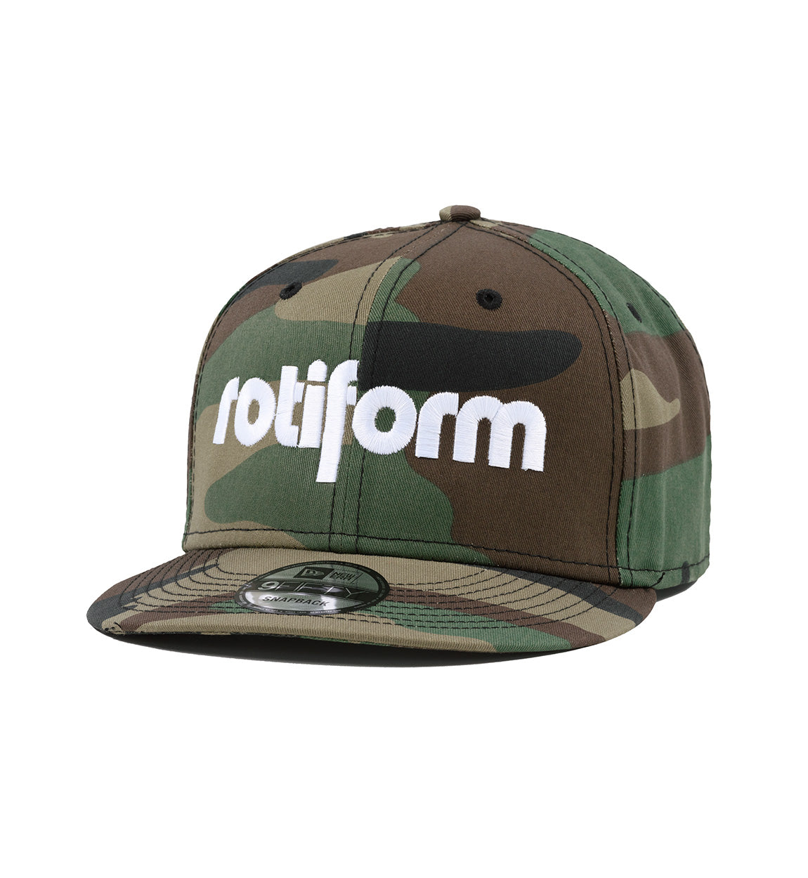 Rotiform STAPLE Snapback Hat in a camo design featuring an embroidered logo on the front.