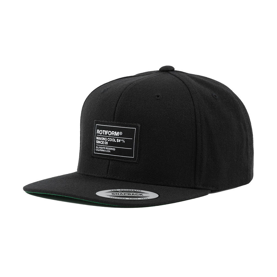 Black Rotiform "Making Cool $#*&" hat with a bold white graphic design, featuring a flat brim and adjustable strap.