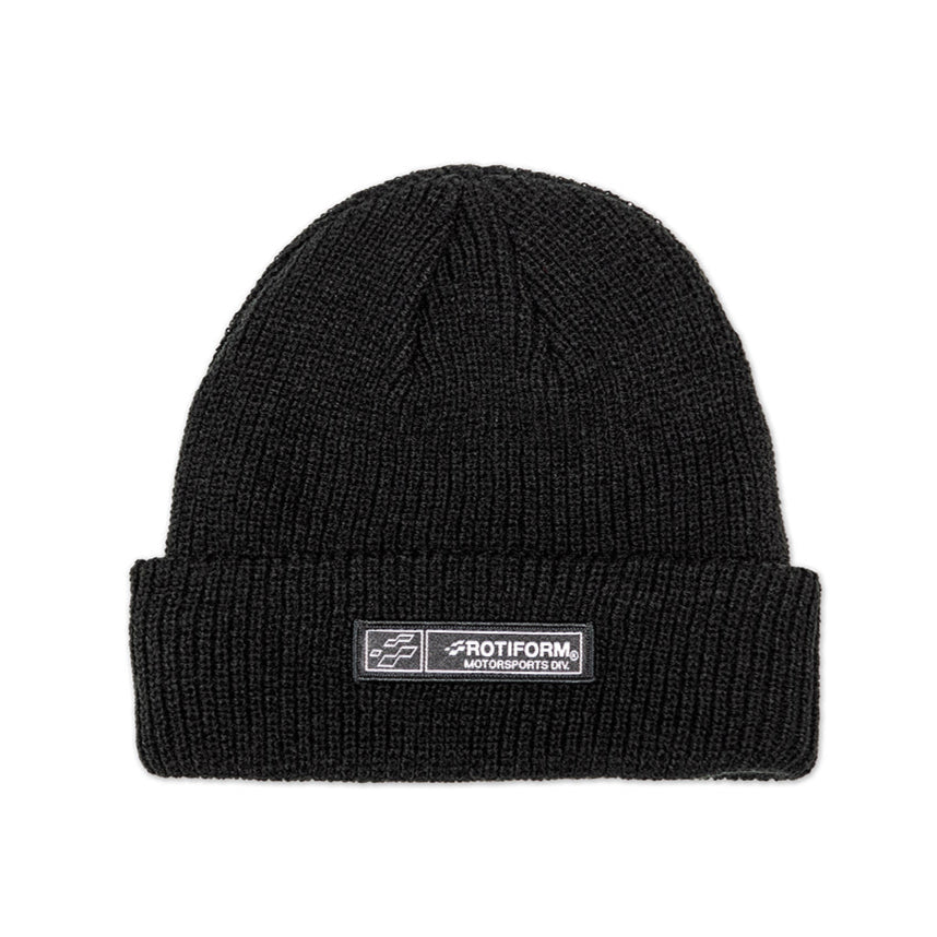 Rotiform Motorsports Div beanie in black, featuring a white logo patch on the front and a classic knit design.