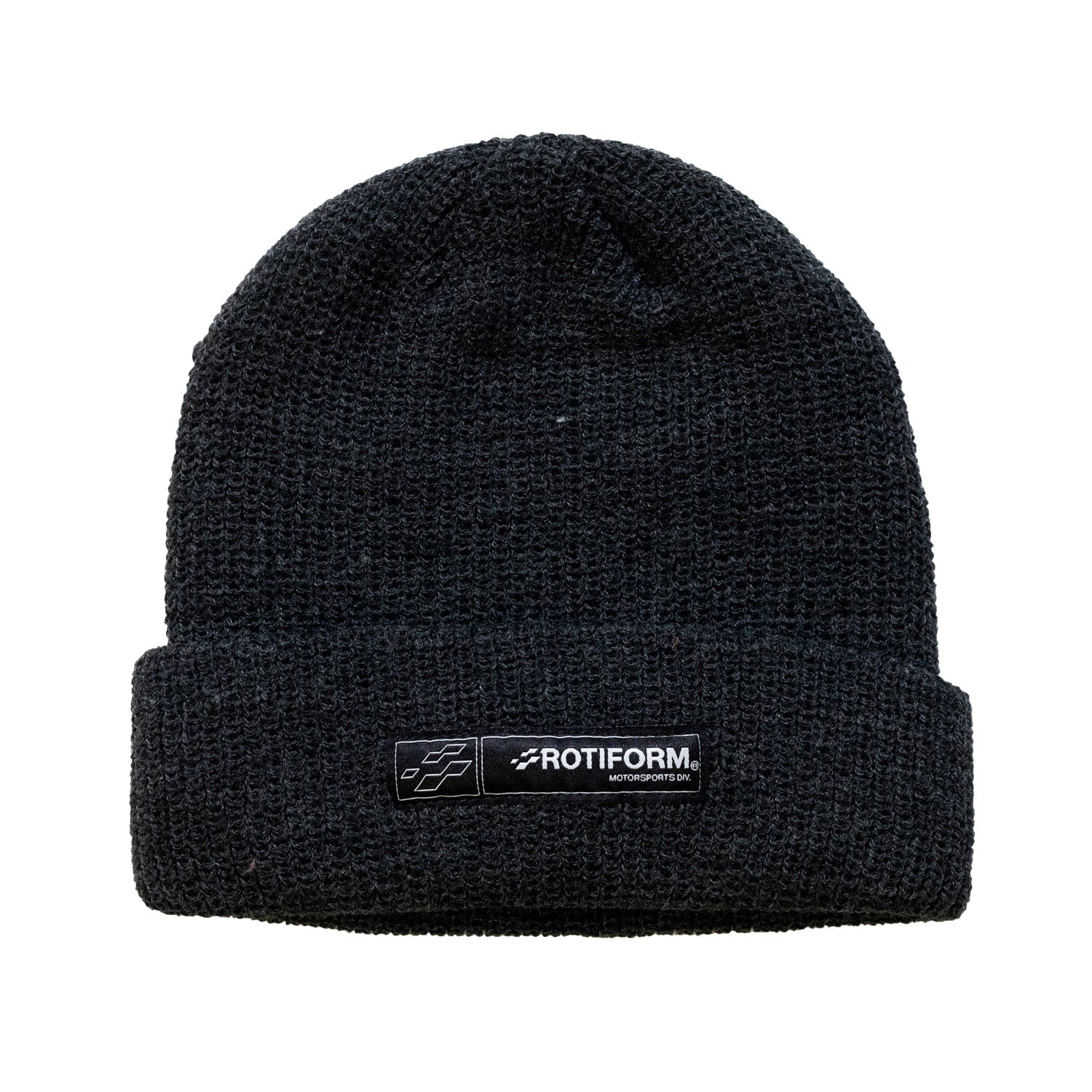 Rotiform MOTORSPORTS DIV Beanie in charcoal gray with a woven logo patch on the front.
