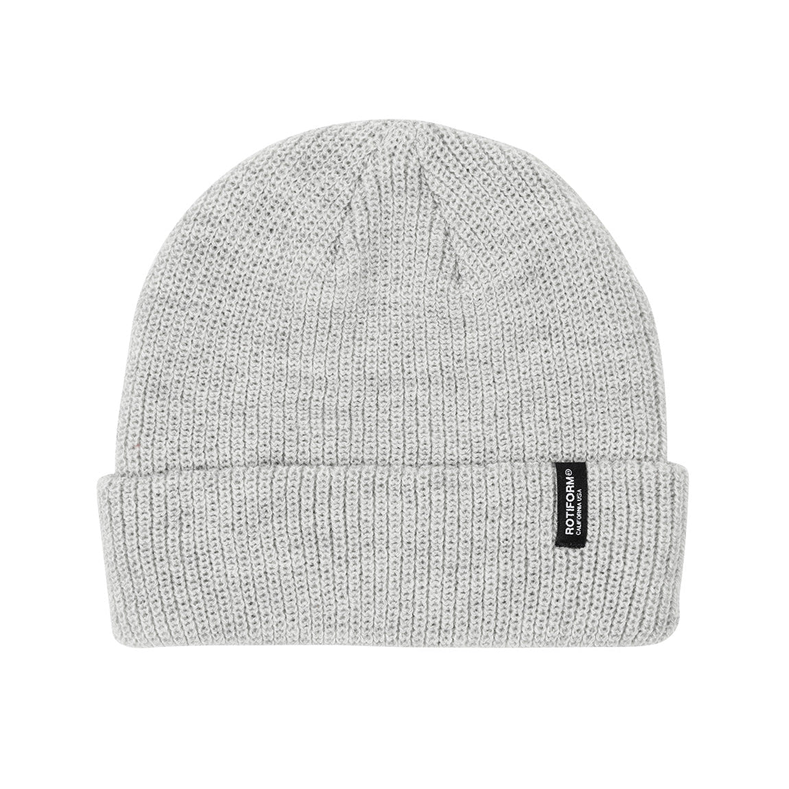 Rotiform Clip Label Beanie in gray, featuring a front logo patch and ribbed knit texture.