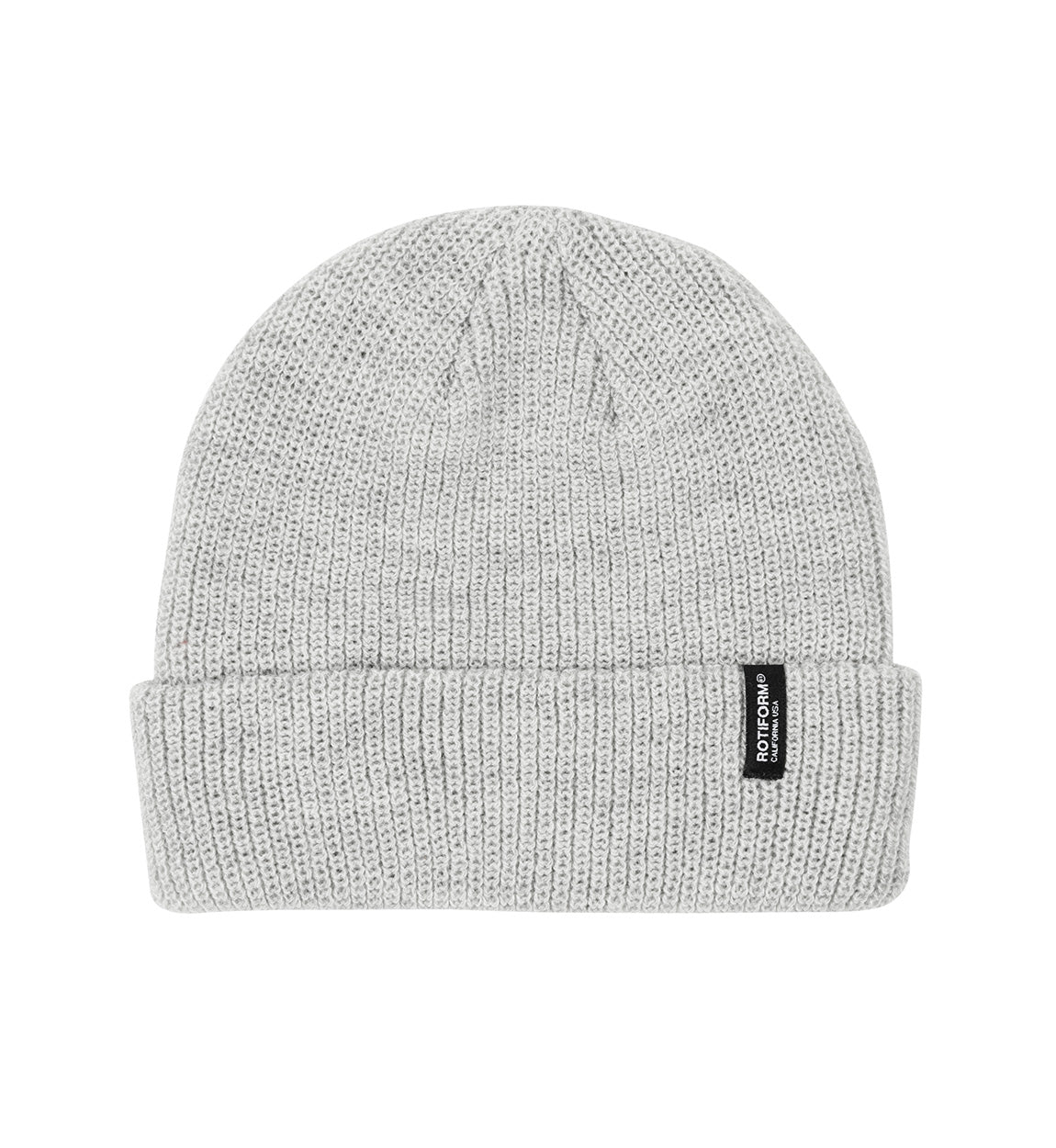Rotiform Clip Label Beanie in gray, featuring a front logo patch and ribbed knit texture.