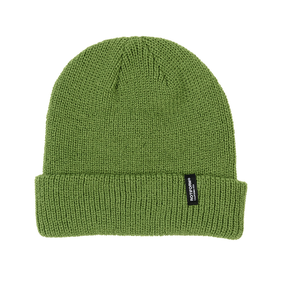 Rotiform Clip Label Beanie in olive green with a woven label on the front.