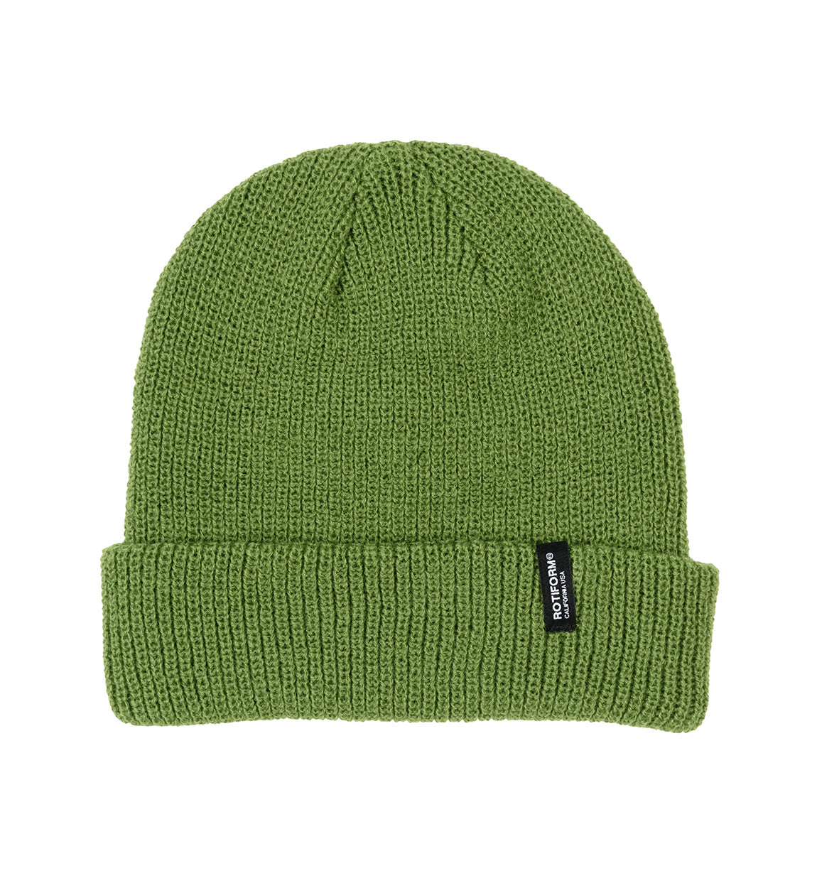 Rotiform Clip Label Beanie in olive green with a woven label on the front.
