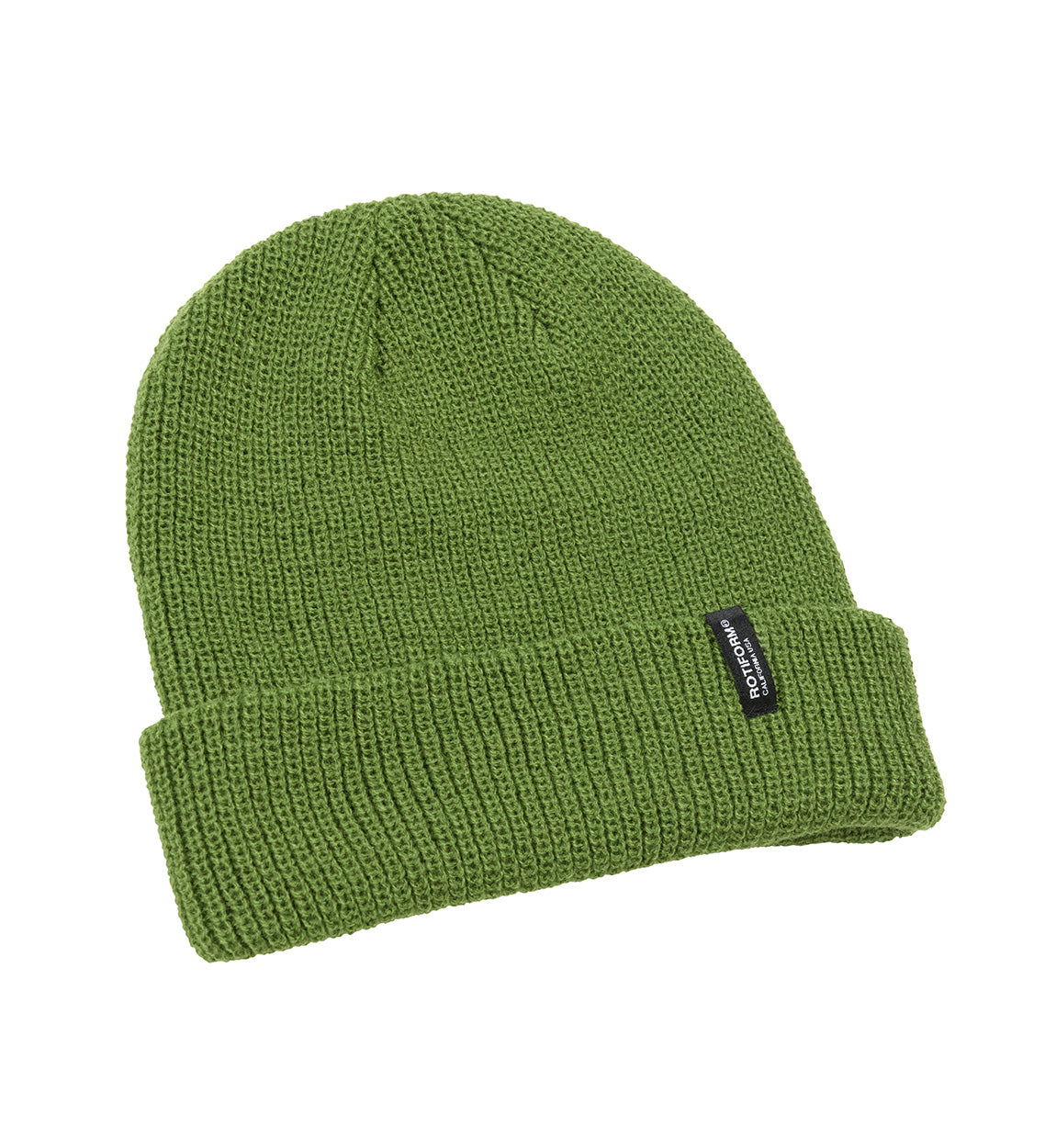 Rotiform Clip Label Beanie in olive green, featuring a folded cuff and a textured fabric with a prominent logo label on the front.
