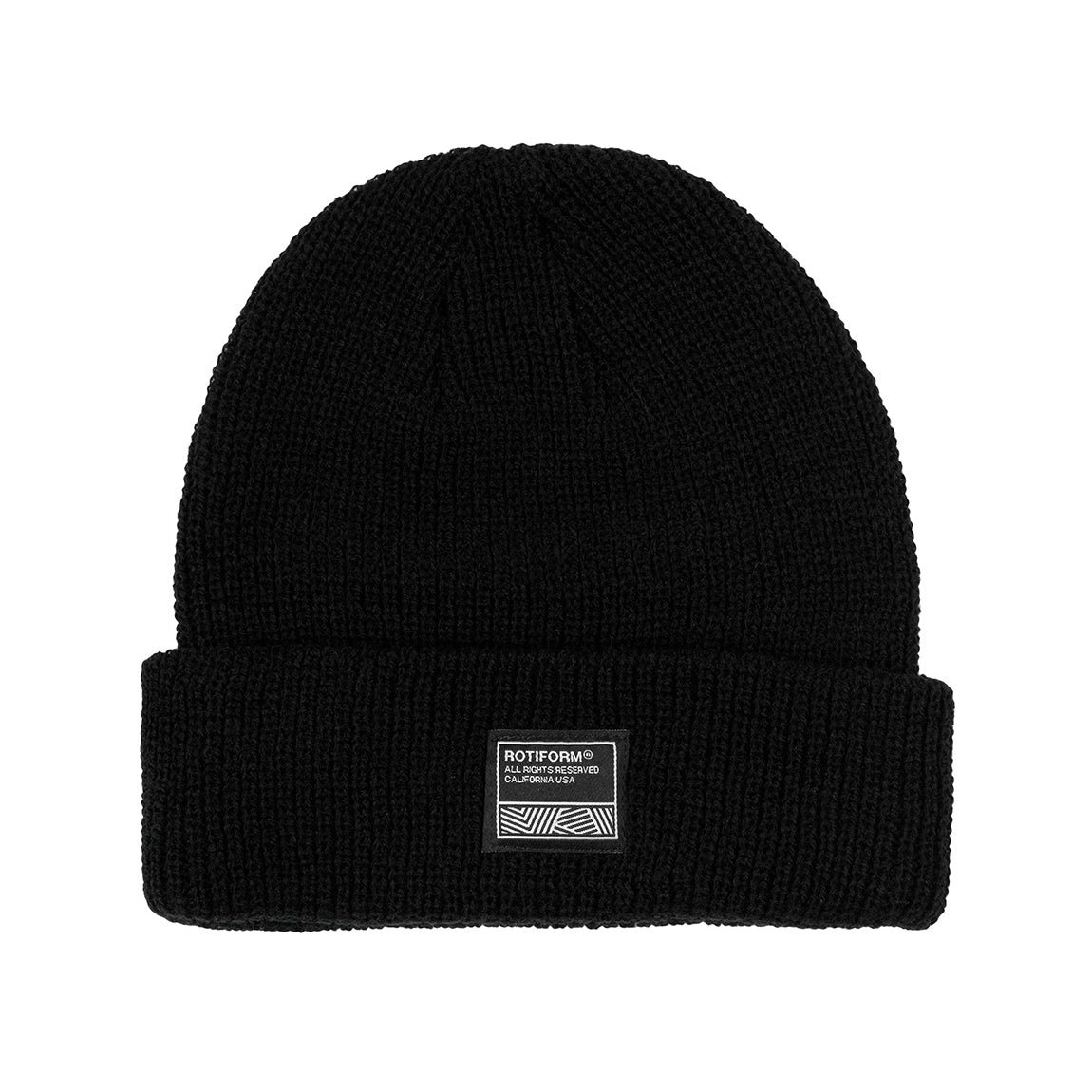 Rotiform SQUARE LABEL black beanie with a stitched logo on the front, displayed on a neutral background.