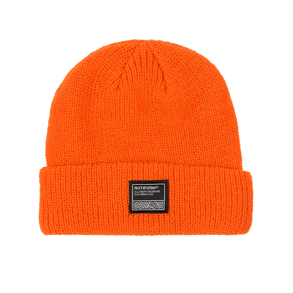Rotiform SQUARE LABEL beanie in bright orange with embroidered logo detail.
