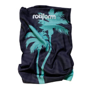 Rotiform STAPLE Neck Gaiter in black with white diagonal stripes and logo, suitable for outdoor activities and fashion.