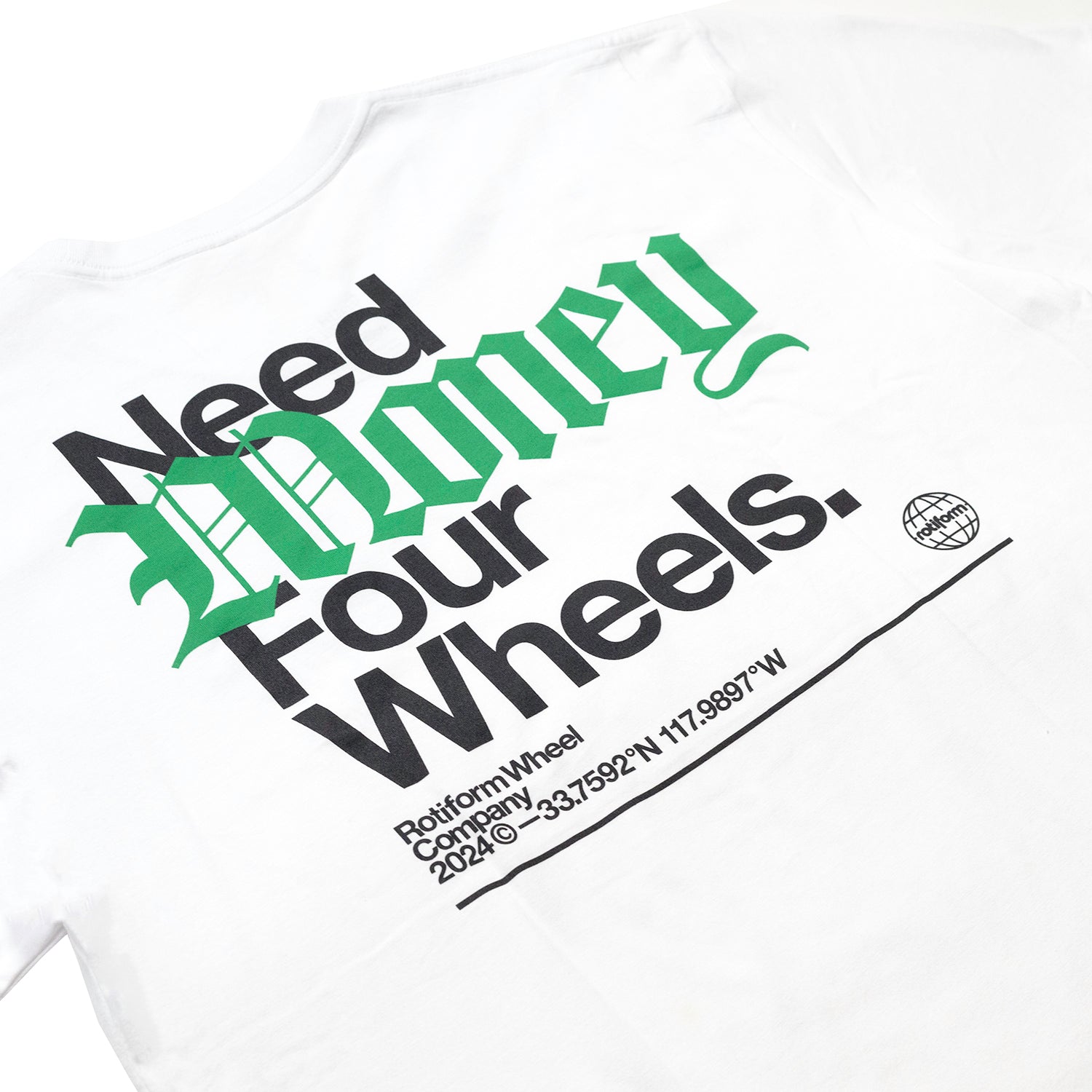 Rotiform NEED WHEELS Short Sleeve Tee in black with bold "NEED WHEELS" graphic design on the front.