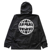Black Rotiform GLOBAL IMPACT half-zip anorak jacket with a large white globe logo and "rotiform" text on the back, hooded and lightweight.