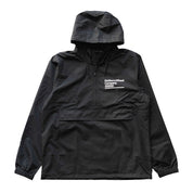 Black Rotiform GLOBAL IMPACT half-zip anorak jacket with hood, front pocket, and white logo text on the chest.