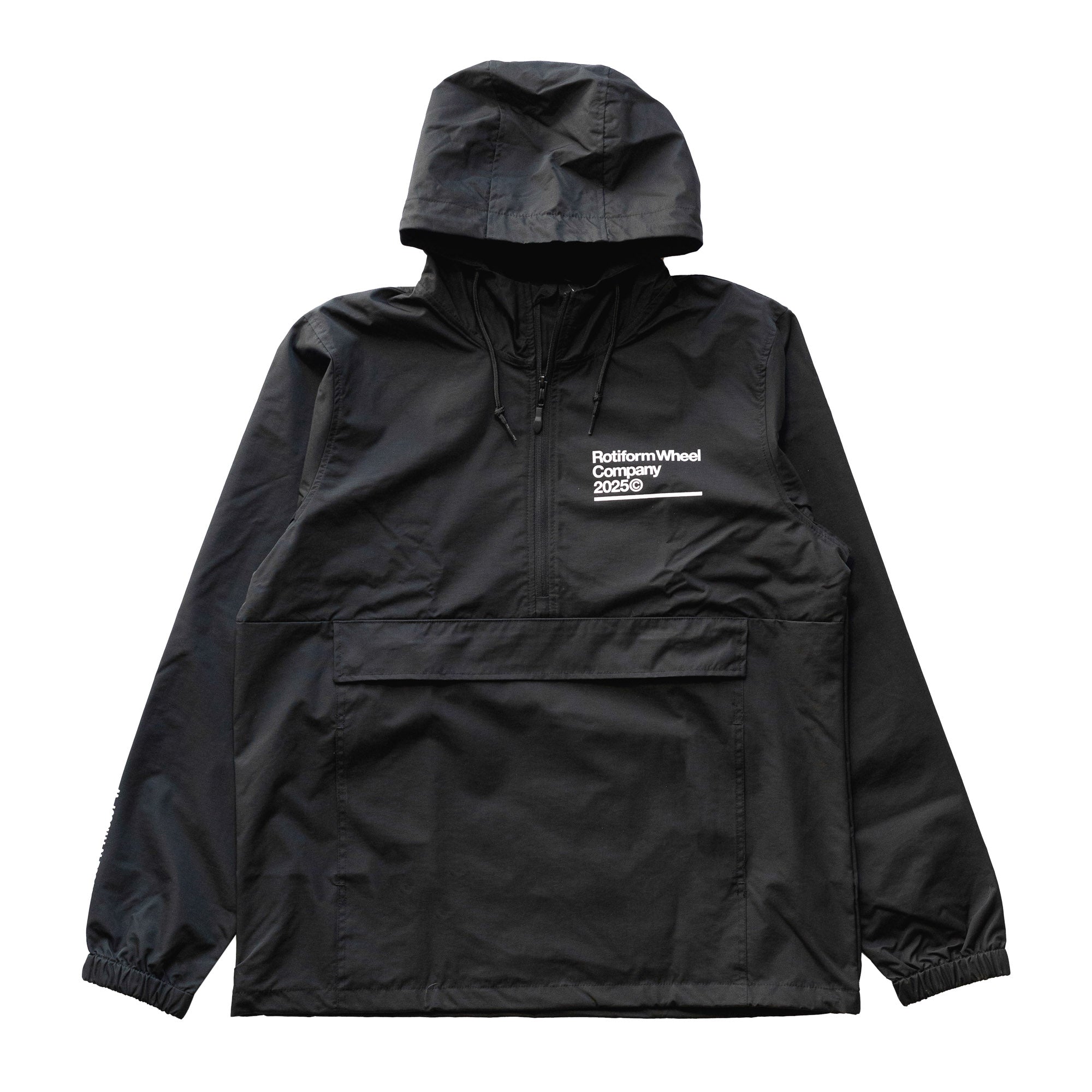 Black Rotiform GLOBAL IMPACT half-zip anorak jacket with hood, front pocket, and white logo text on the chest.