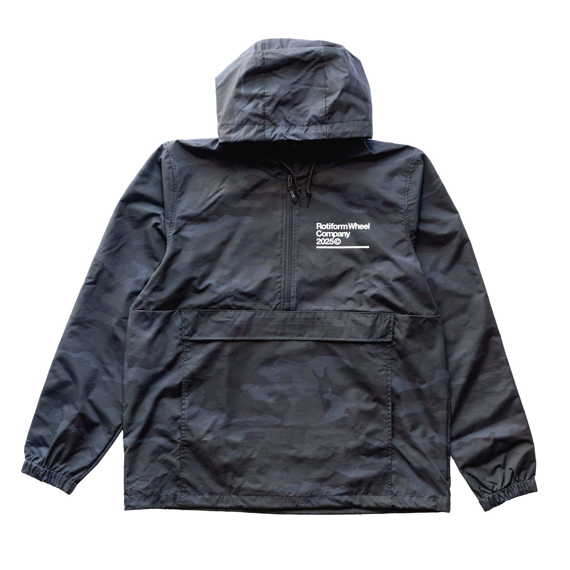 Black Rotiform GLOBAL IMPACT half-zip anorak jacket with a hood, front pocket, and white logo text on the chest.