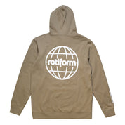 Beige hoodie featuring a large white globe graphic and "rotiform" text on the back, with additional text on the sleeve.