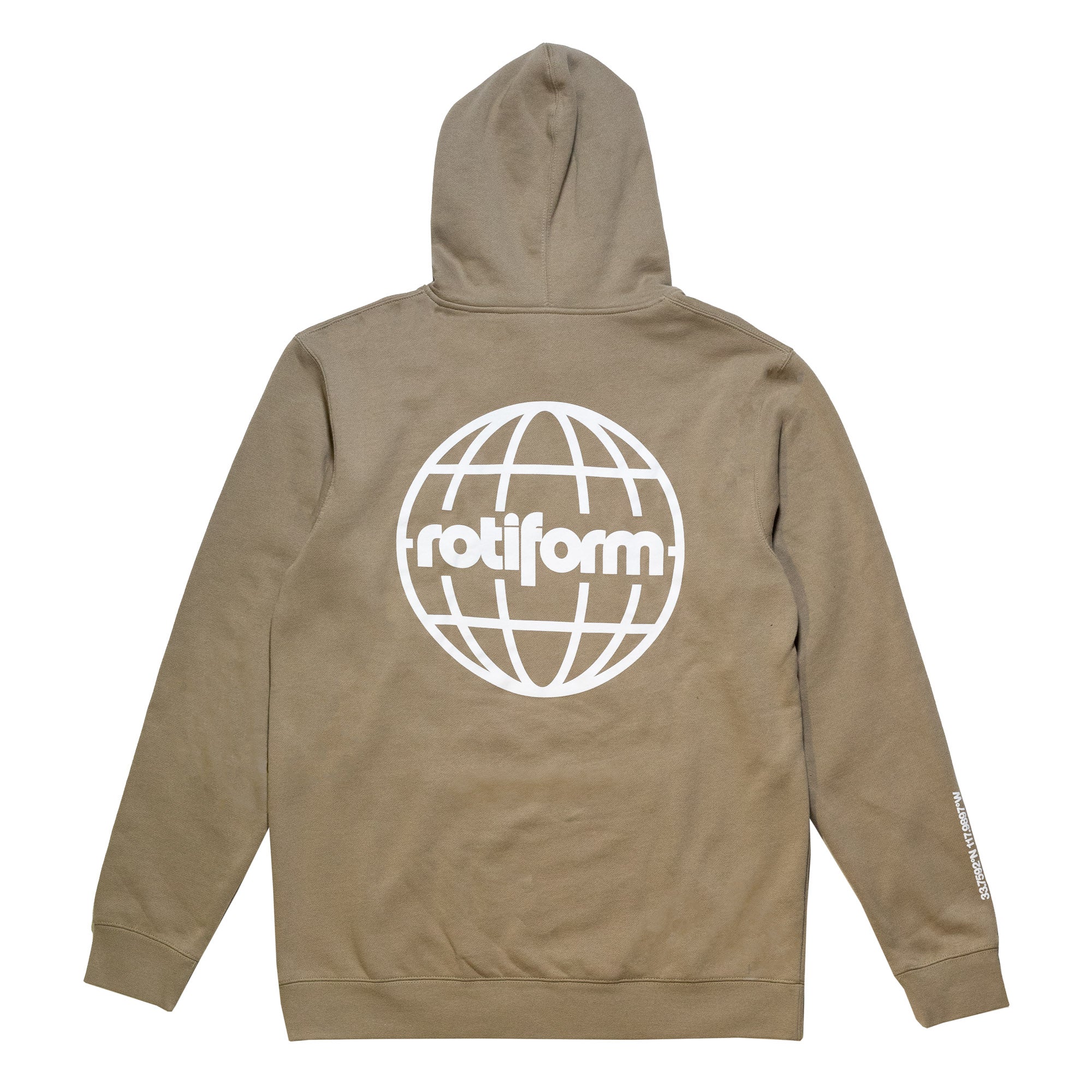 Beige hoodie featuring a large white globe graphic and "rotiform" text on the back, with additional text on the sleeve.