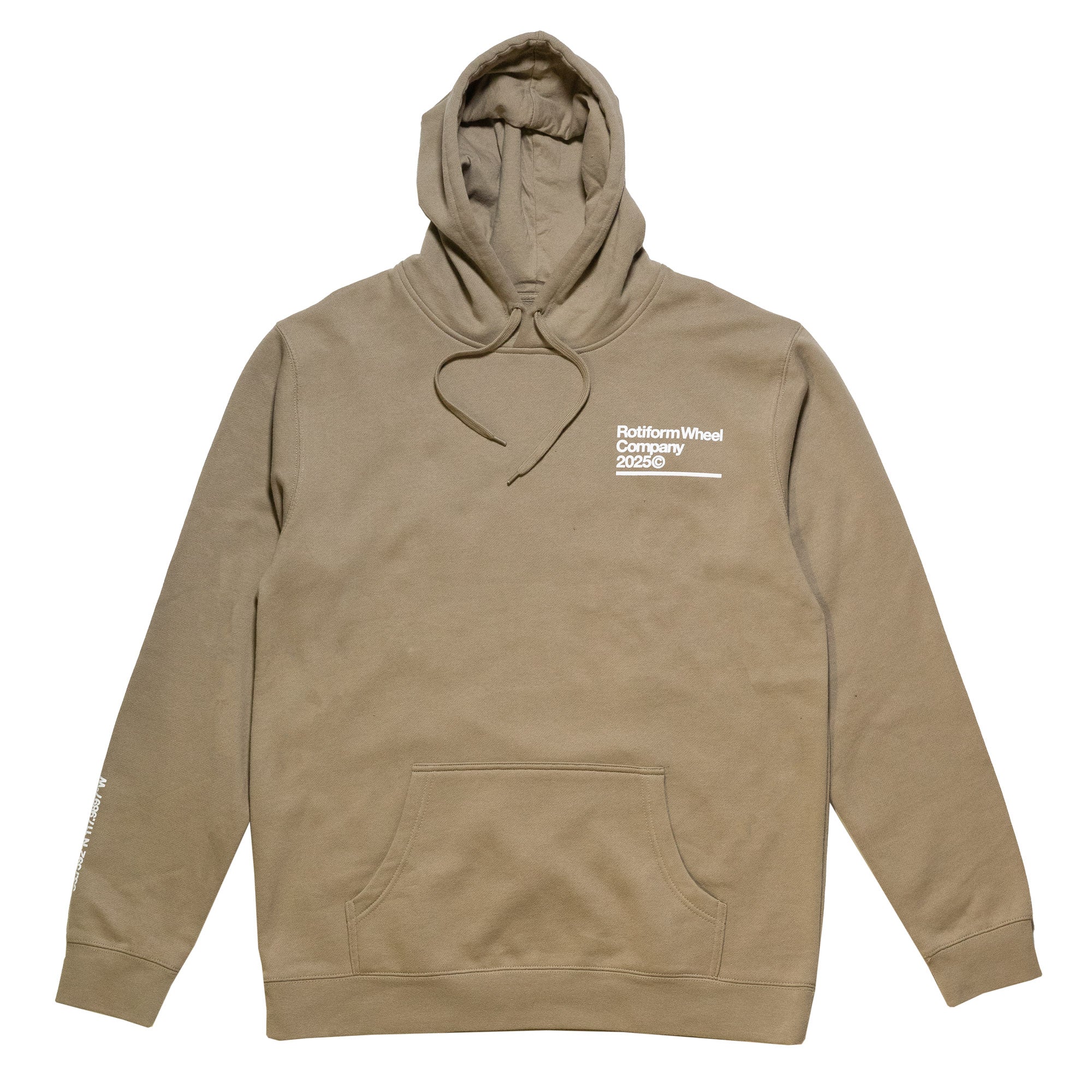 Beige Rotiform GLOBAL IMPACT hoodie with a front pocket, hood with drawstrings, and white text logo on the chest.