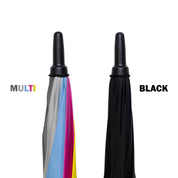 Rotiform SHADE SEEKER Umbrella featuring a vibrant multi-colored design on one side and a sleek black finish on the other.